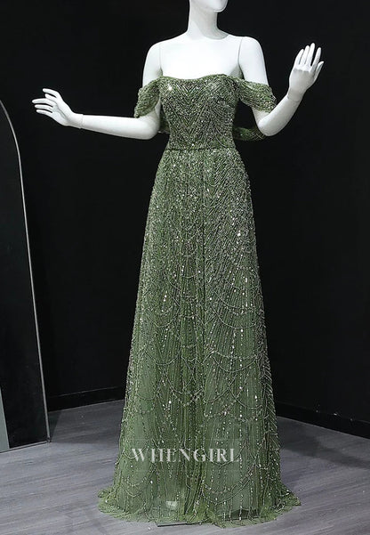 A-Line Sparkly Off Shoulder Beaded Evening Formal Dress