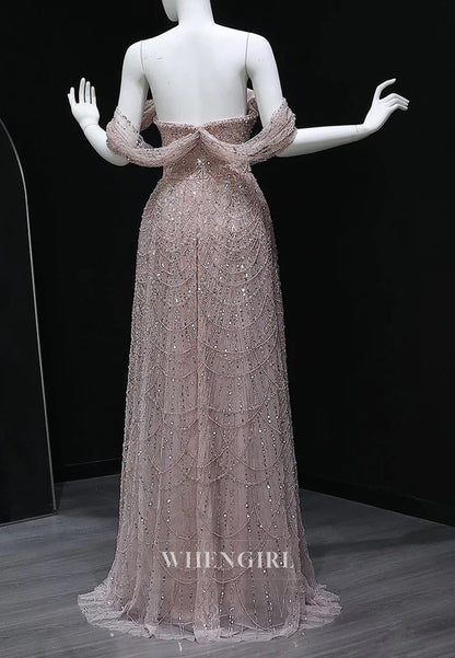 A-Line Sparkly Off Shoulder Beaded Evening Formal Dress