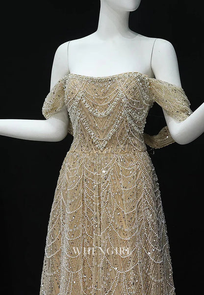 A-Line Sparkly Off Shoulder Beaded Evening Formal Dress