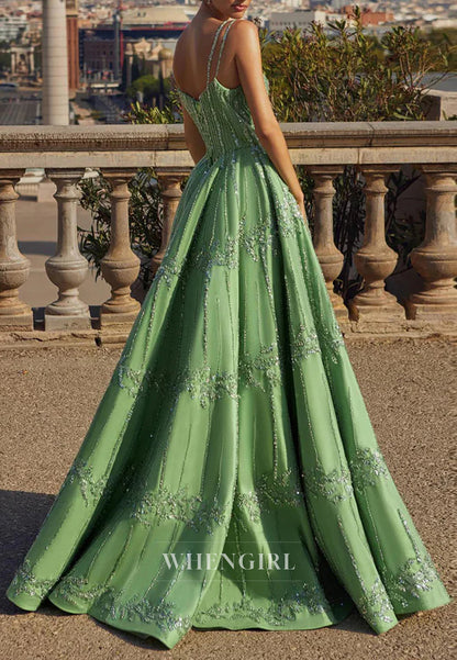 Green V Neck Sleeveless Beaded Lace Up A-Line Evening Formal Dress