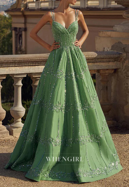 Green V Neck Sleeveless Beaded Lace Up A-Line Evening Formal Dress