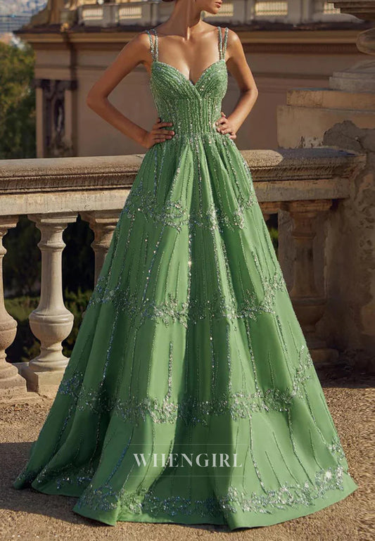 Green V Neck Sleeveless Beaded Lace Up A-Line Evening Formal Dress