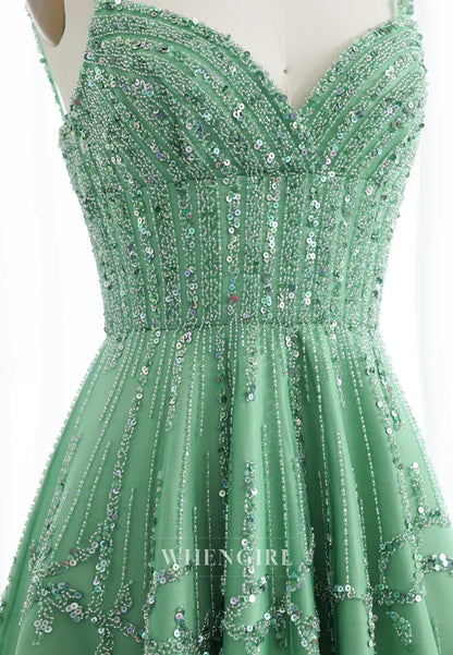 Green V Neck Sleeveless Beaded Lace Up A-Line Evening Formal Dress