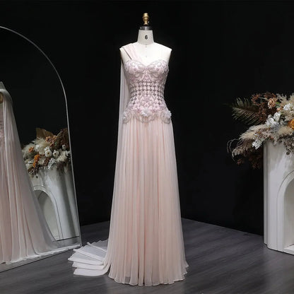 Elegant Blush Pink Beaded Evening Dress with Cape