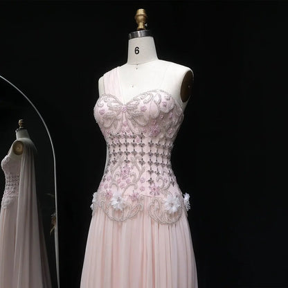 Elegant Blush Pink Beaded Evening Dress with Cape