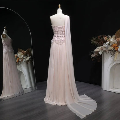 Elegant Blush Pink Beaded Evening Dress with Cape