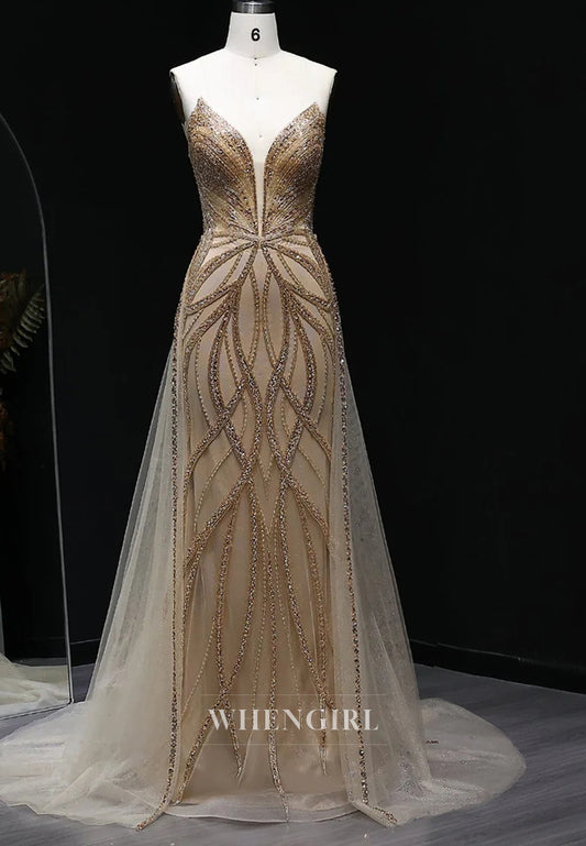 Champgne V Neck Sleeveless Beaded Sheath Formal Dress with Sweep Train