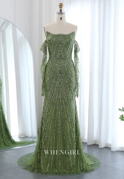 Sheath Beaded Off Shoulder Long Sleeves Sweep Train Back Zipper Evening Formal Dress