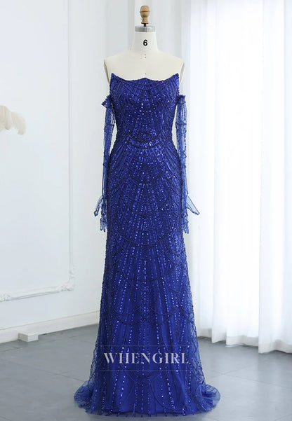 Sheath Beaded Off Shoulder Long Sleeves Sweep Train Back Zipper Evening Formal Dress