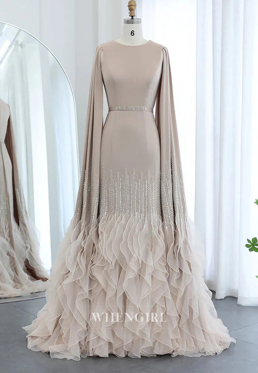 Sheath Bateau Neck Long Sleeves Beaded Ruffles Back Zipper Evening Formal Dress