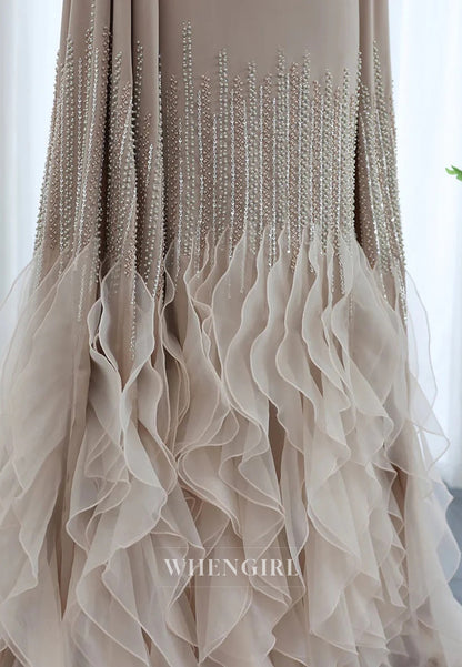 Sheath Bateau Neck Long Sleeves Beaded Ruffles Back Zipper Evening Formal Dress