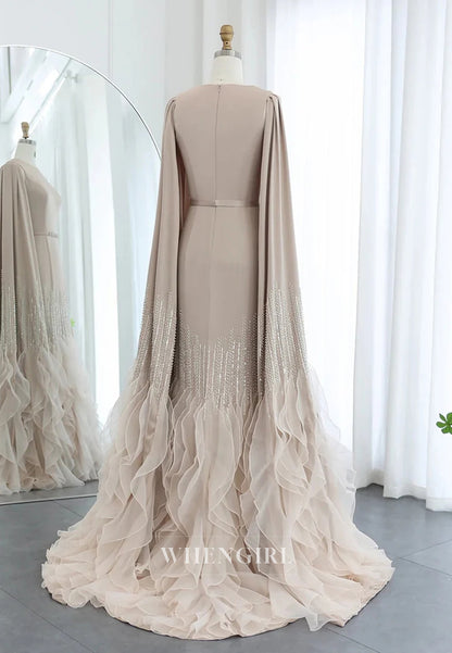 Sheath Bateau Neck Long Sleeves Beaded Ruffles Back Zipper Evening Formal Dress
