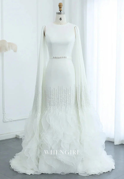 Sheath Bateau Neck Long Sleeves Beaded Ruffles Back Zipper Evening Formal Dress