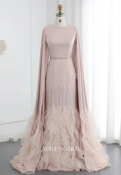 Sheath Bateau Neck Long Sleeves Beaded Ruffles Back Zipper Evening Formal Dress
