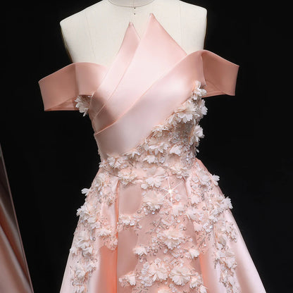 Luxury Pink Ball Gown Evening Dress with 3D Floral Sequin Details