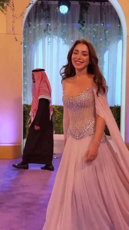 Pink Beaded Corset Evening Gown with Draped Sleeves