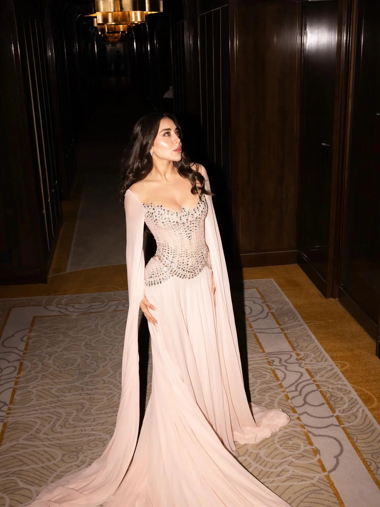 Pink Beaded Corset Evening Gown with Draped Sleeves