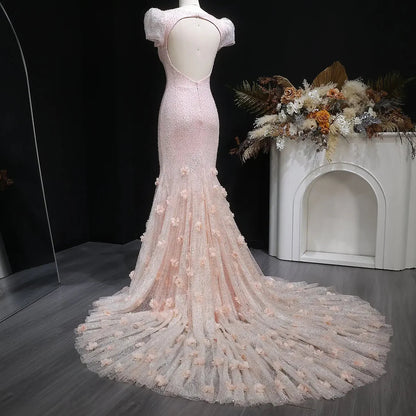 Elegant Pink Sequin Mermaid Evening Dress with Train
