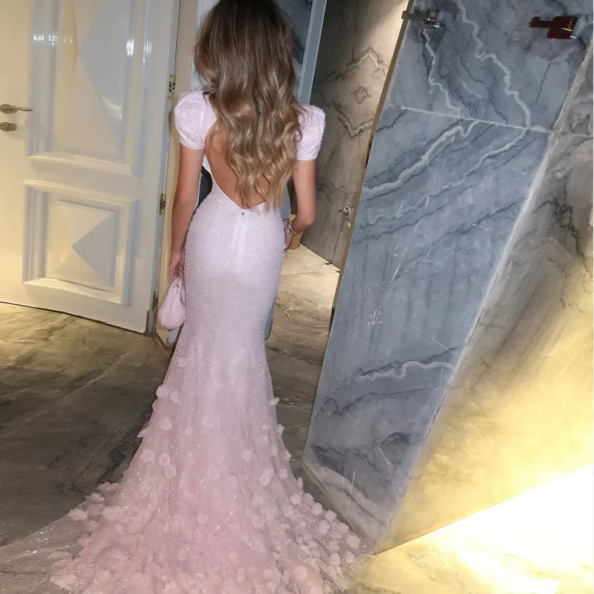 Elegant Pink Sequin Mermaid Evening Dress with Train