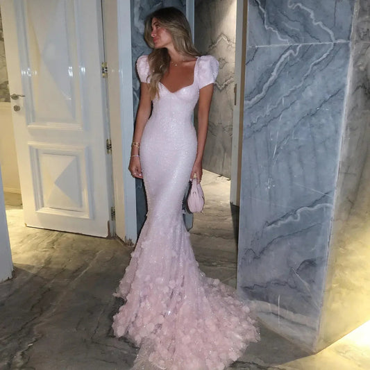 Elegant Pink Sequin Mermaid Evening Dress with Train