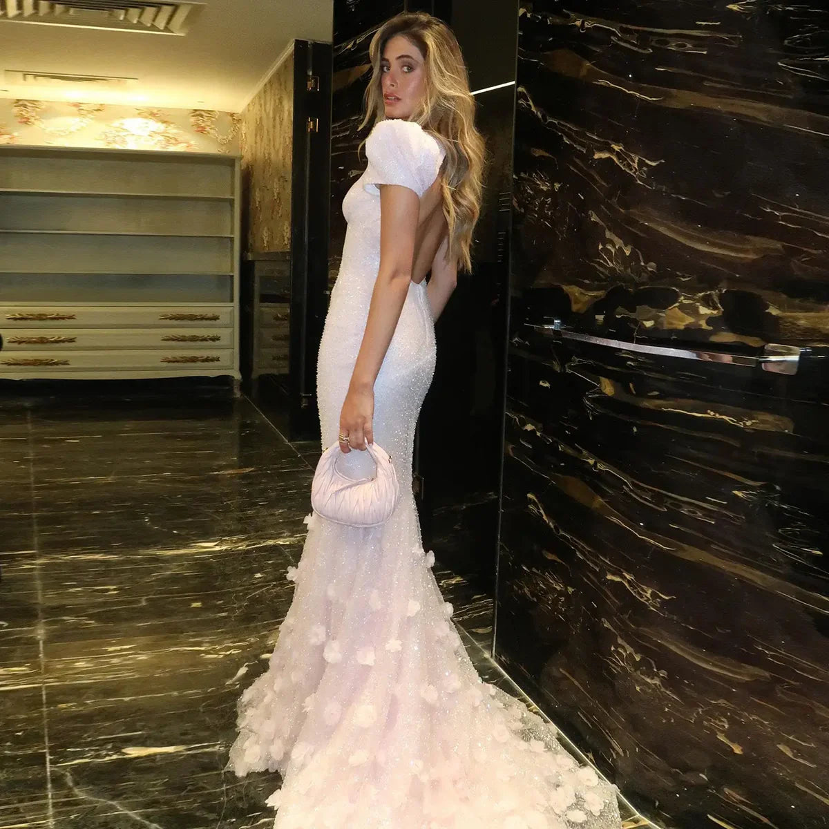 Elegant Pink Sequin Mermaid Evening Dress with Train