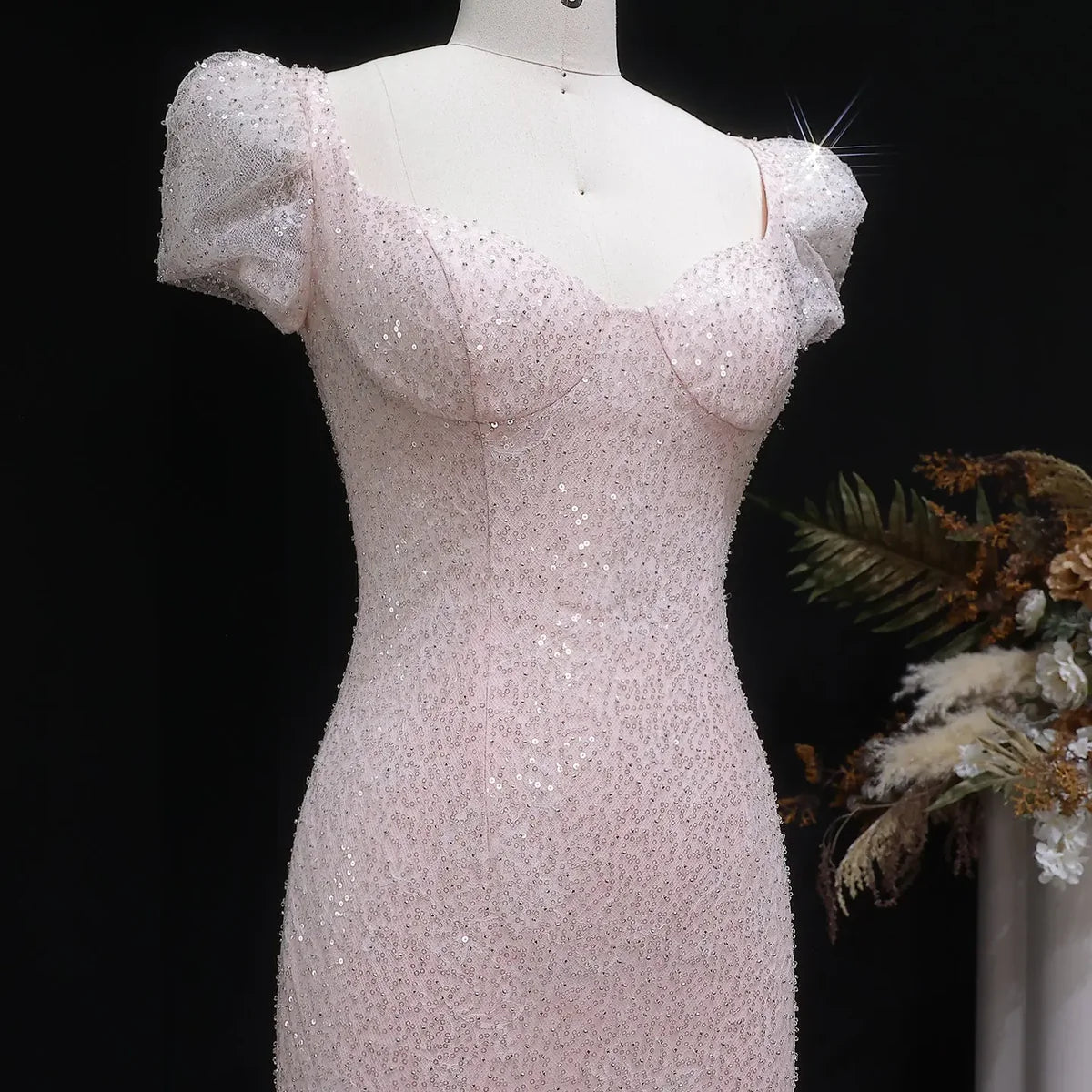 Elegant Pink Sequin Mermaid Evening Dress with Train