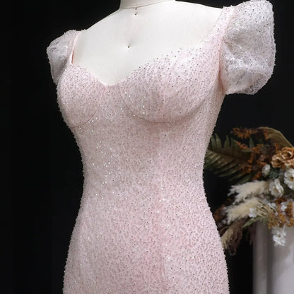 Elegant Pink Sequin Mermaid Evening Dress with Train