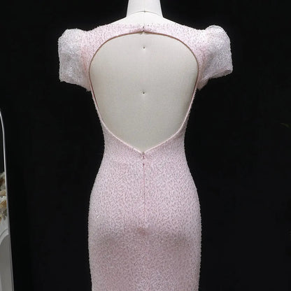 Elegant Pink Sequin Mermaid Evening Dress with Train