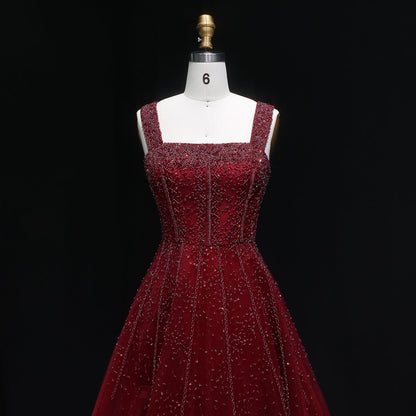 Luxury Wine Red Sequin Beaded A-Line Evening Dress