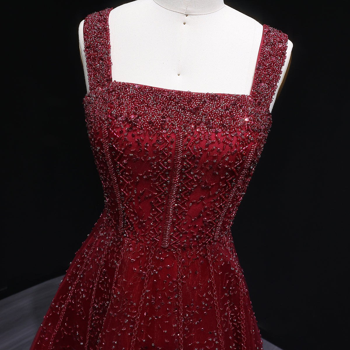Luxury Wine Red Sequin Beaded A-Line Evening Dress