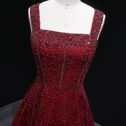 Luxury Wine Red Sequin Beaded A-Line Evening Dress