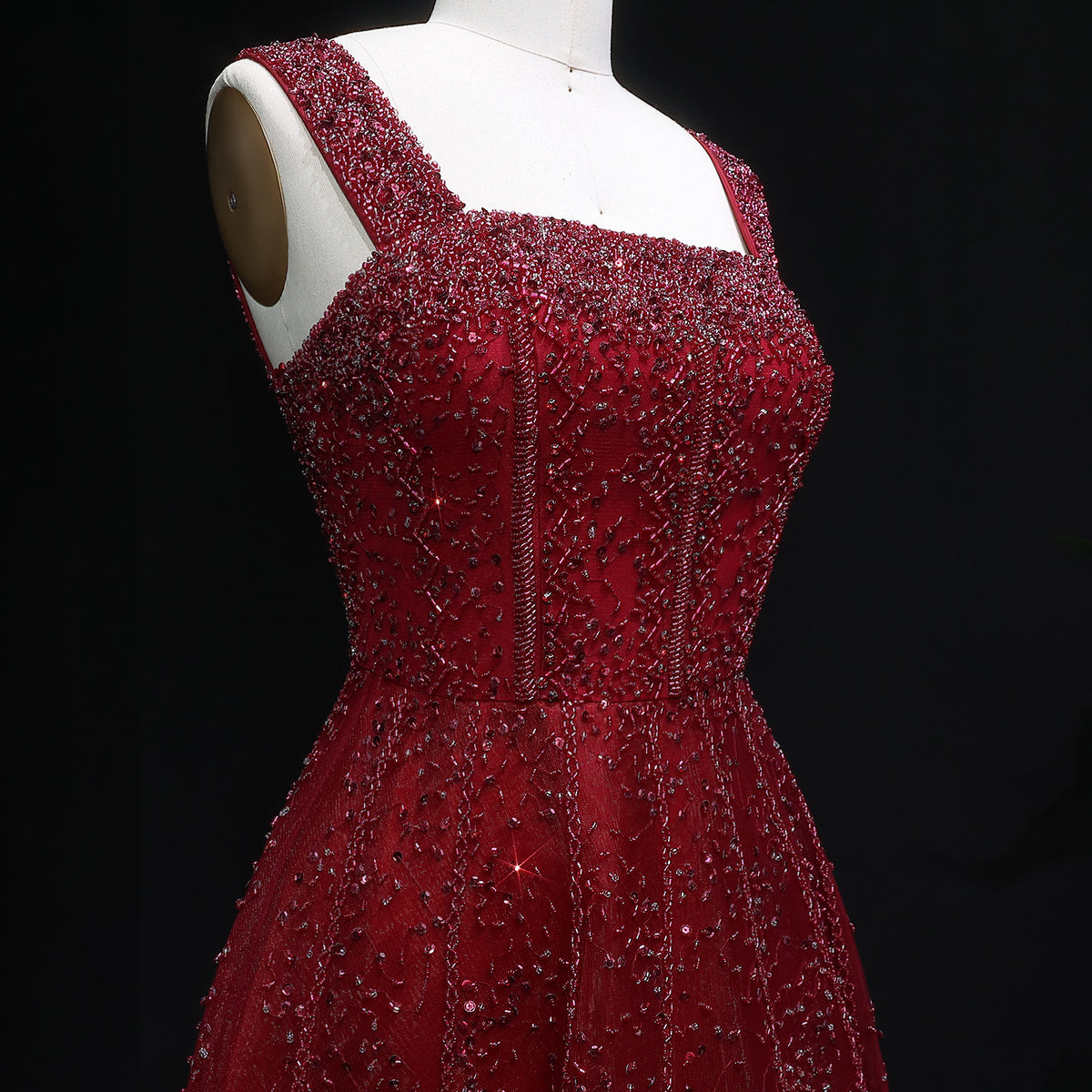 Luxury Wine Red Sequin Beaded A-Line Evening Dress