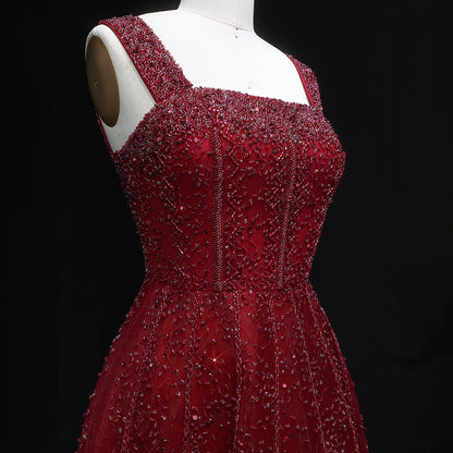 Luxury Wine Red Sequin Beaded A-Line Evening Dress