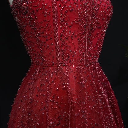 Luxury Wine Red Sequin Beaded A-Line Evening Dress