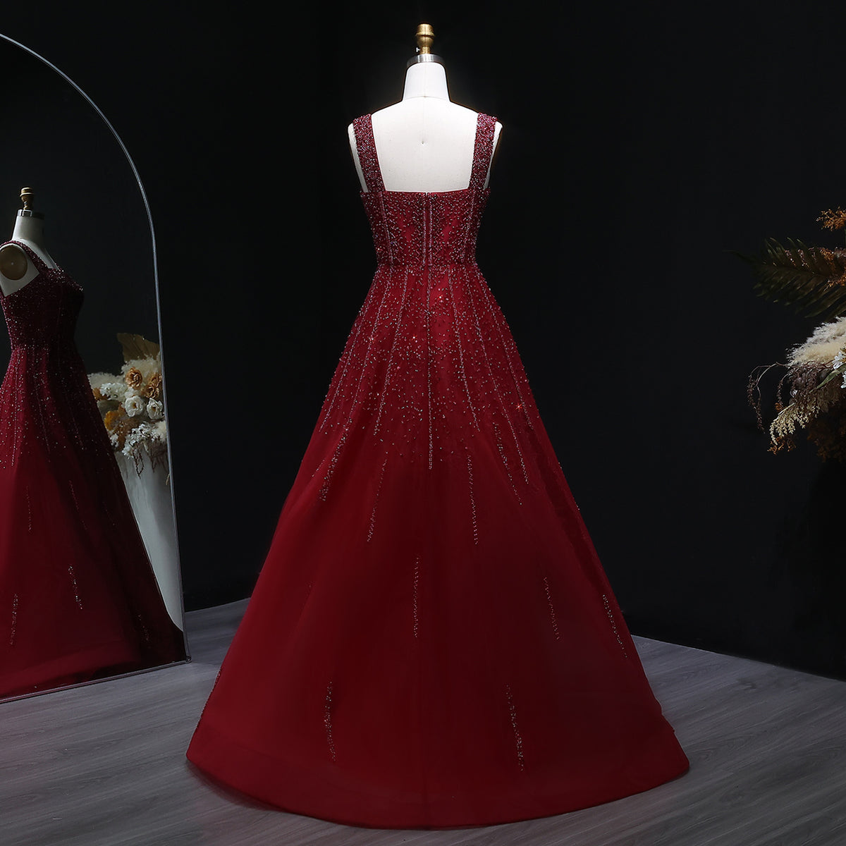 Luxury Wine Red Sequin Beaded A-Line Evening Dress