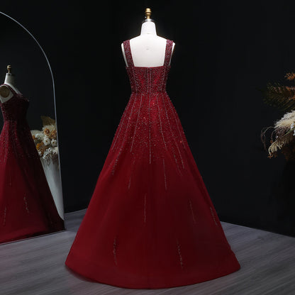 Luxury Wine Red Sequin Beaded A-Line Evening Dress