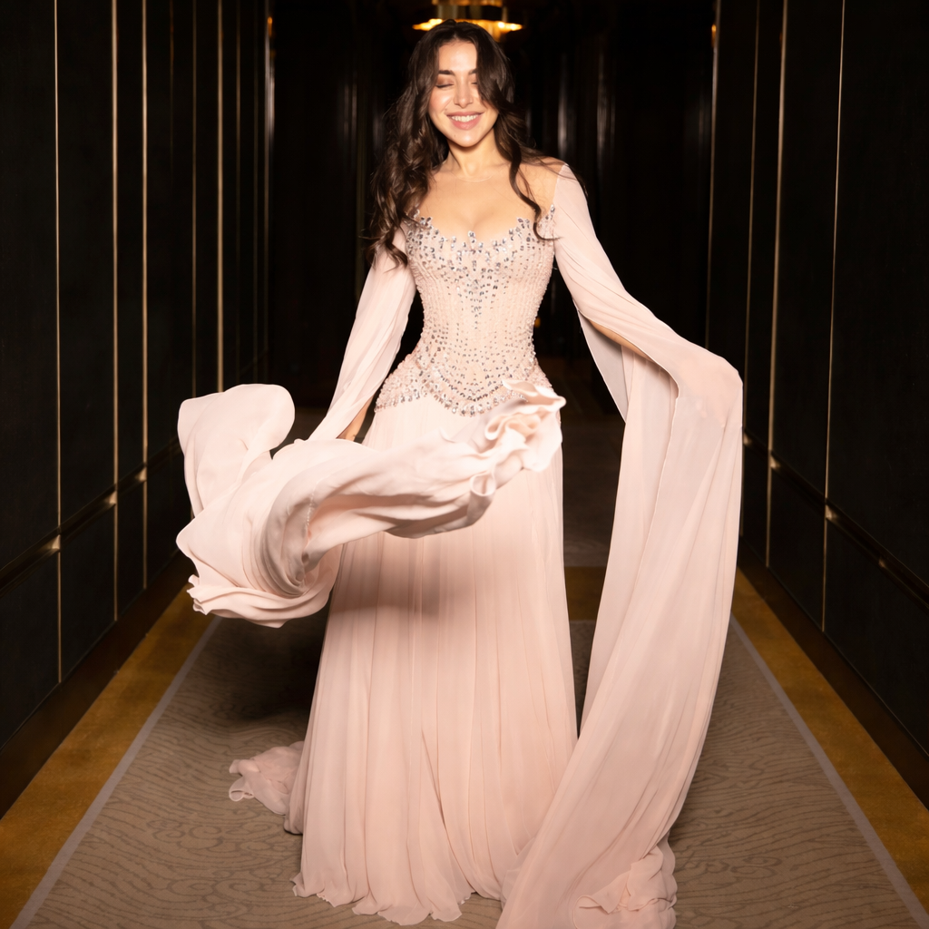 Pink Beaded Corset Evening Gown with Draped Sleeves