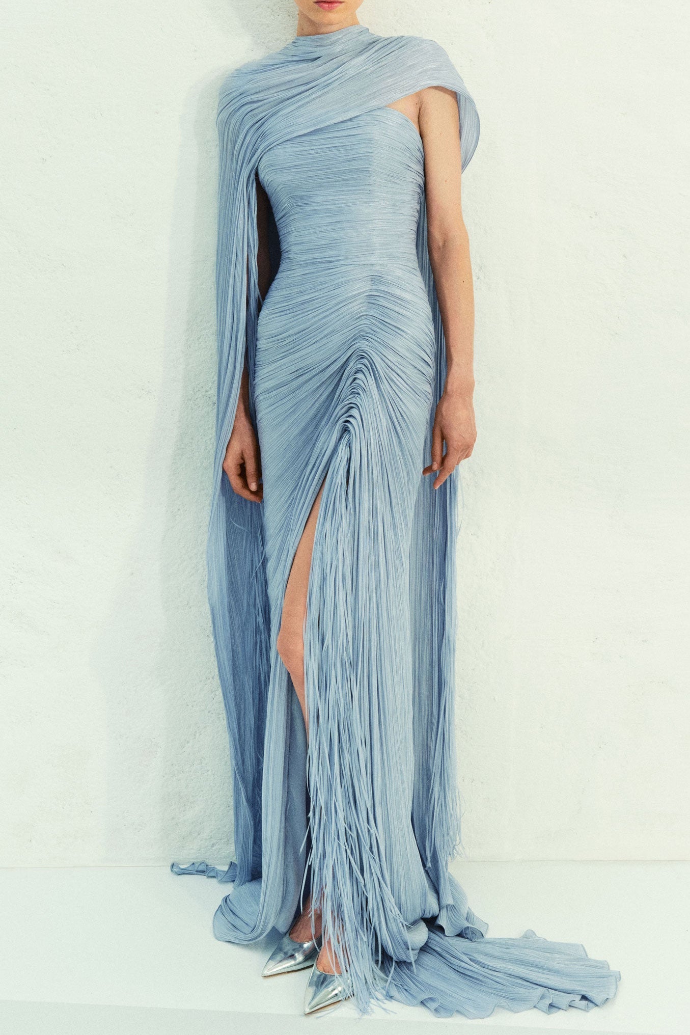 Sheath Ruched Slit Evening Dress with Cape