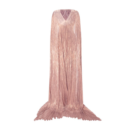 Strapless Pleated Dress With Slit And Detachable Cape
