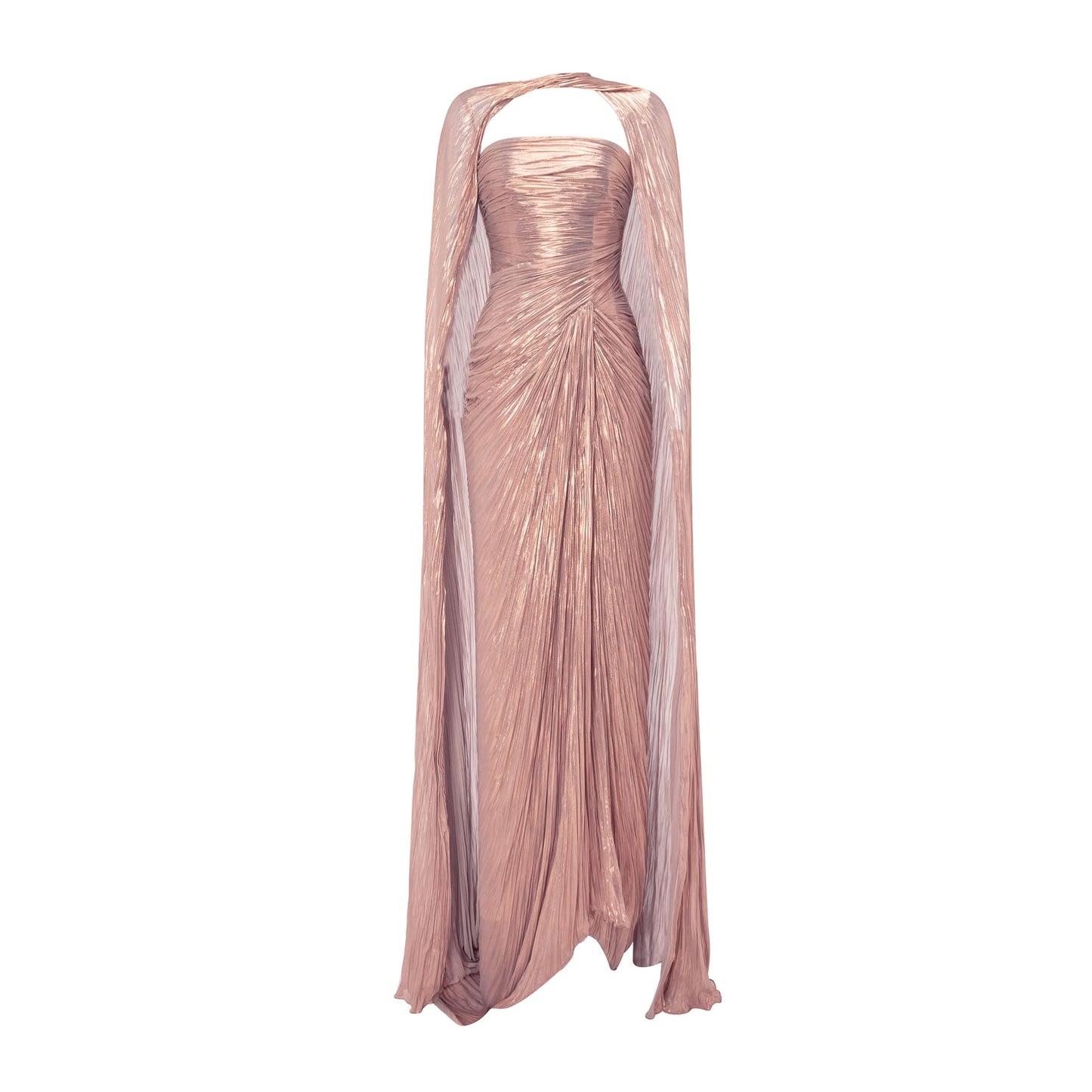 Strapless Pleated Dress With Slit And Detachable Cape