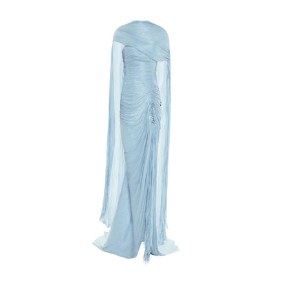 Sheath Ruched Slit Evening Dress with Cape