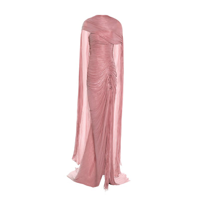 Sheath Ruched Slit Evening Dress with Cape