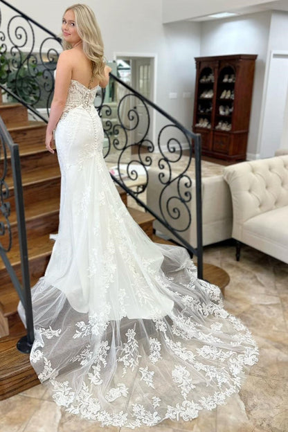 White Strapless Appliques Trumpet Long Bridal Gown