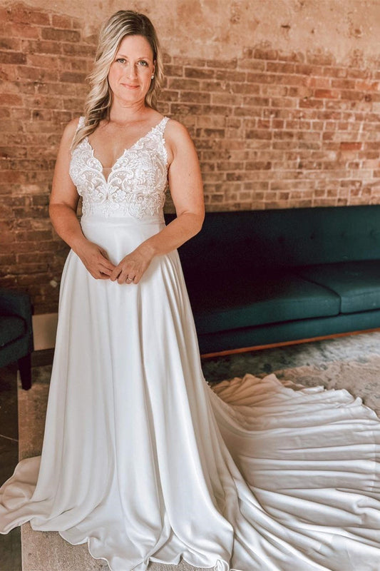 White Floral Lace Open Back Long Bridal Gown