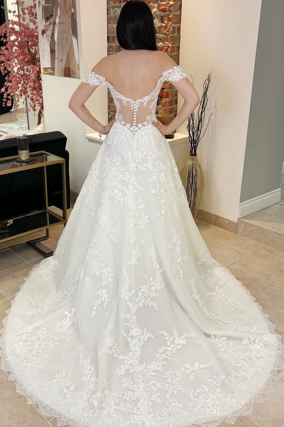 White Appliques Off-the-Shoulder Sheer Back Long Wedding Dress