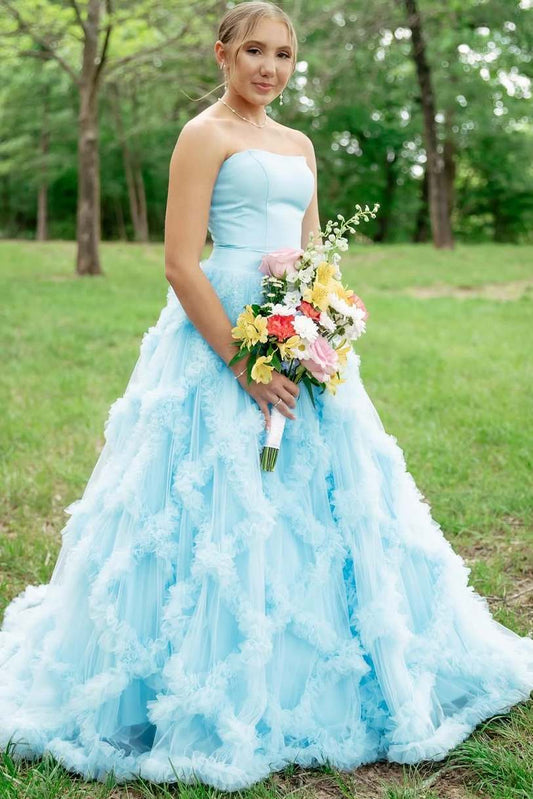 Blue A-Line Strapless Empire-Waist Sleeveless Ruffles Long Prom Dress