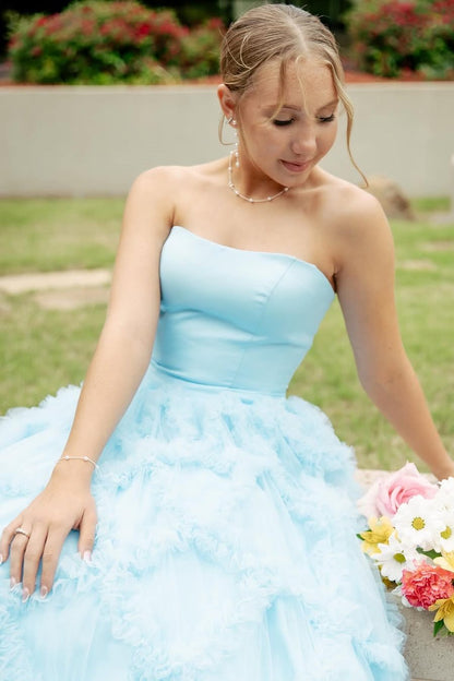 Blue A-Line Strapless Empire-Waist Sleeveless Ruffles Long Prom Dress