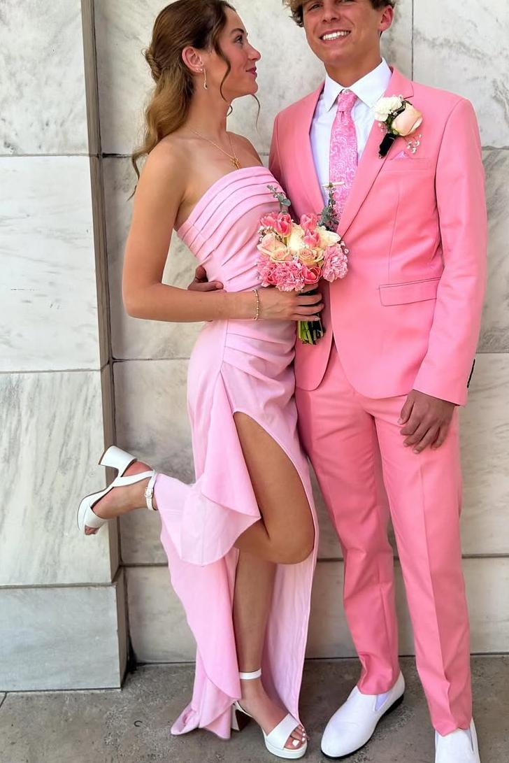 Pink Strapless Pleated Satin Side Slit Long Prom Party Dress