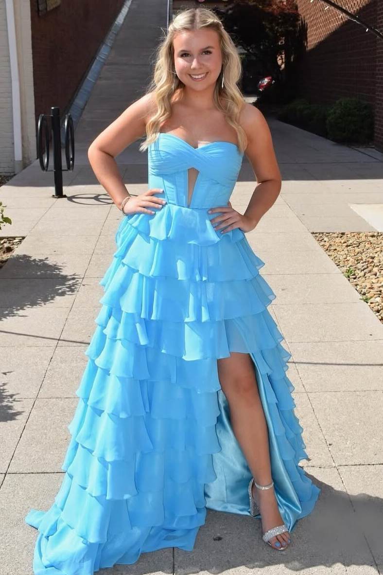 A-Line Strapless Empire-Waist Layered Chiffon Prom Dress with Slit