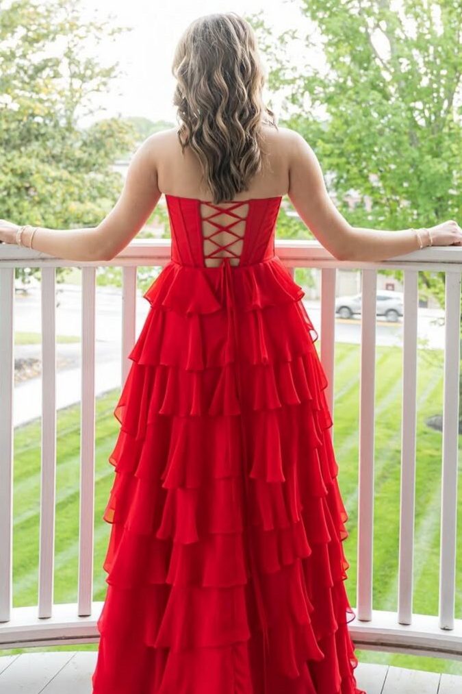 A-Line Strapless Empire-Waist Layered Chiffon Prom Dress with Slit